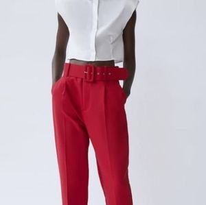 ZARA high waisted red pants with oversized buckle